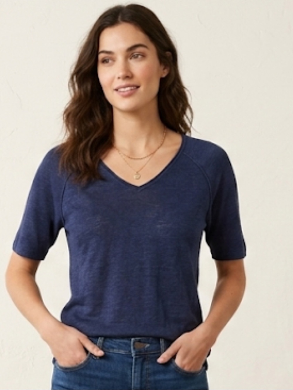 LEO UGO Navy V-Neck Linen Jersey Short Sleeve T-Shirts Size 4